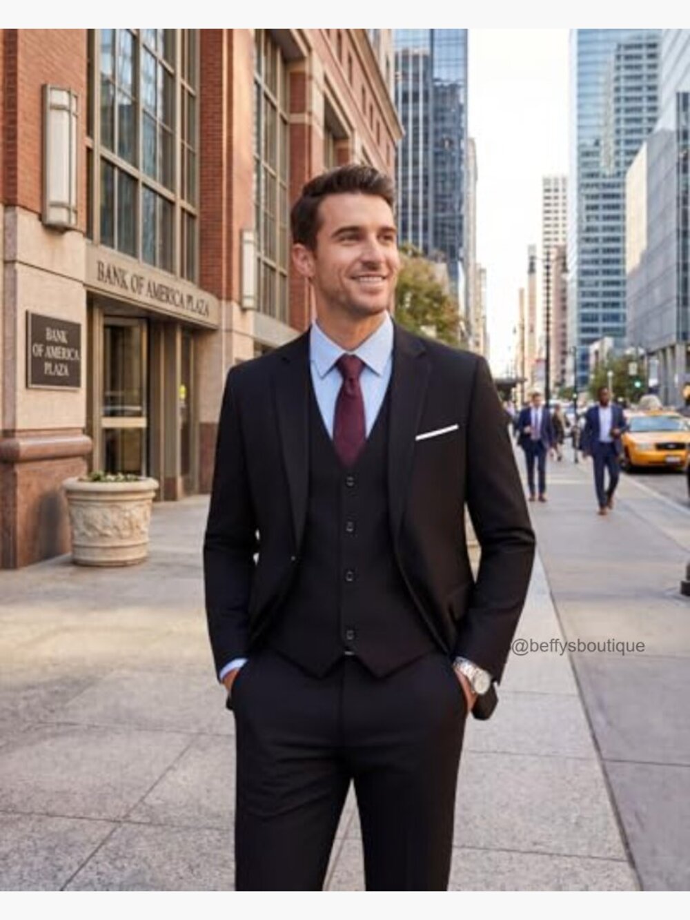 Slim Fit 3-Piece Suit Set Stretch Blazer Vest Pants Formal Wear - Picture 4 of 7